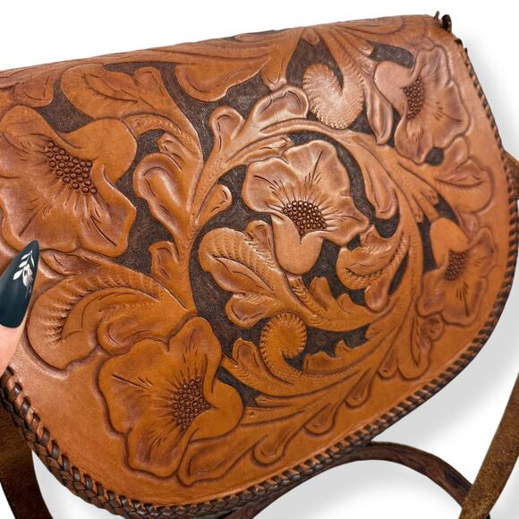 1950's cowgirl horseshoe buckle floral tooled leather handbag - Picture 5 of 12